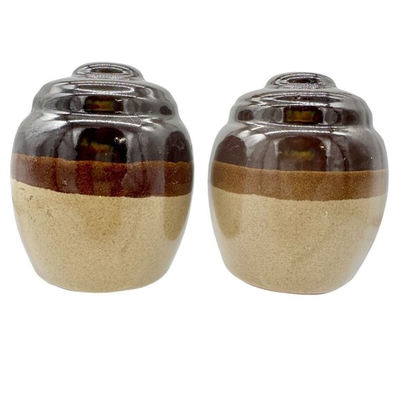 Vintage Clay Jug Salt and Pepper Shakers Brown and Tan Glossy Finish - Picture 6 of 7